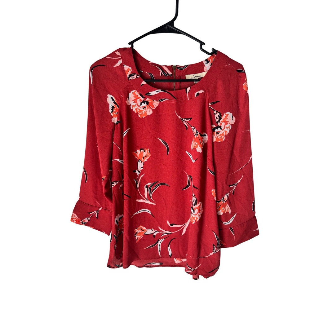 Serein‎ Red Floral 3/4 Sleeve Blouse Scoop Neck Gold Back Zip Top Womens Small